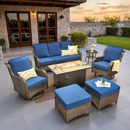 ovios 7 Pieces Patio Furniture Set, Outdoor Wicker Sofa Couch with Swivel Chairs 42" Fire Pit Table, All Weather High Back Modern Conversation Sets, Brown Rattan, Navy Blue