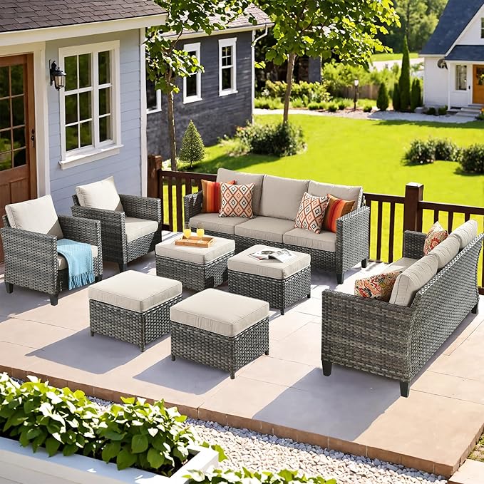 ovios Patio Furniture Set, 8 Pieces Outdoor Wicker Sofa Couch with Chairs, Ottomans and Comfy Cushions, All Weather High Back Rattan Conversation Set, Beige