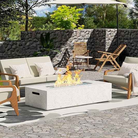 56 Inch Propane Fire Pit Table, Rectangle Outdoor Fire Table w Blue Fire Glass(50,000 BTU), Patio Firepit Table Gas Fire Table w Rain Cover for Outside, Backyard