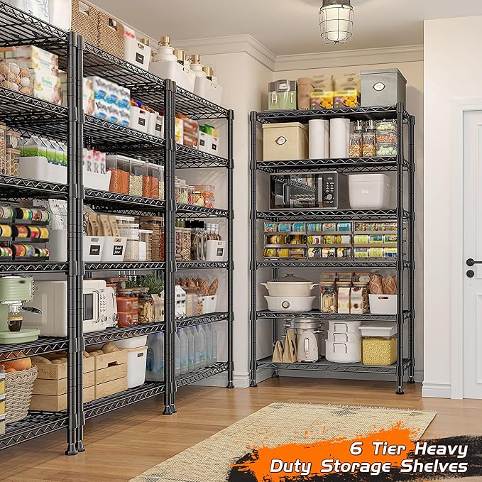 REIBII 6-Tier Metal Shelving Unit Storage Shelves, Sturdy Wire Shelving Adjustable Deep Pantry Shelves Load 800LBS Dorm Storage Shelves for Kitchen Pantry Closet,13.8" D x 21.5" W x 70.5" H