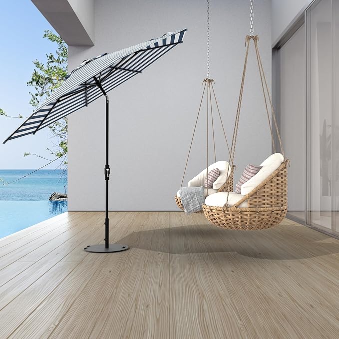 Midtown Umbrellas The Swilt 8 Feet Patio Umbrella in Terylast Navy Stripes (Navy/White) Polyester Fabric - Fiberglass Ribs, Auto-Tilt Aluminum Frame For Backyard, Deck, Garden, Pool - White Pole