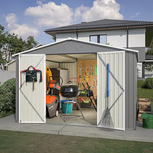 10X8 FT Outdoor Storage Shed, All Weather Metal Sheds with Lockable Doors, Tool Shed for Garden, Patio, Backyard, Lawn (Grey, 10x10ft)