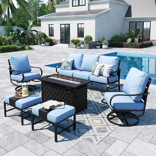 Sophia & William Patio Furniture Sets for 7 with 45" Gas Fire Pit Table Outdoor Conversation Sets 6 Pcs, 2 x Swivel Cushioned Sofa Chairs, 1x3-Seat Sofa, 2xOttomans for Backyard Poolside Blue