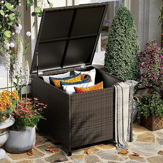80 Gallon Deck Box, Outdoor Patio Storage Box, Wicker Patio Deck Boxes with Lid, Waterproof and Weather-resistant, Outdoor Furniture for Cushion,Pillows,Indoor, Pool, Balcony, Yard, Garden(Brown)