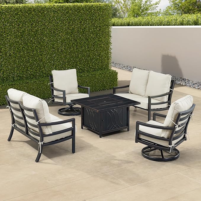 Oakland Living Black Aluminum Patio Fire Table Set with Two Deep Seating Loveseat with Cushions and Two Club Chairs with Light Grey Cushions