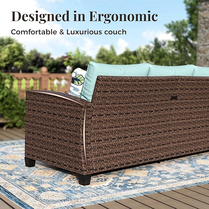 Patio Furniture Set, 8 Pcs Wicker Rattan Outdoor Conversation Set, 4 x Leg Chairs, 1 x 3 Seater Sofa and 2 x Ottoman with 4" Thick Cushion and 32" Fire Pit Table, Blue
