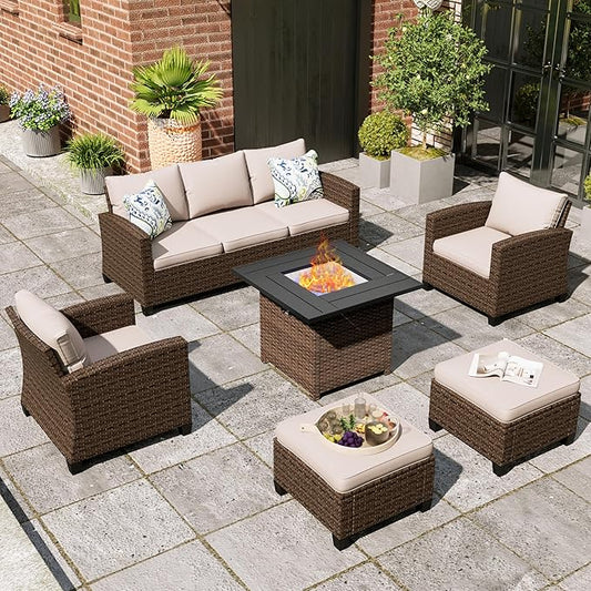 Patio Furniture Set, 6 Pcs Wicker Rattan Outdoor Conversation Set, 2 x Leg Chairs, 1 x 3 Seater Sofa and 2 x Ottoman with 4" Thick Cushion and 32" Fire Pit Table, Beige