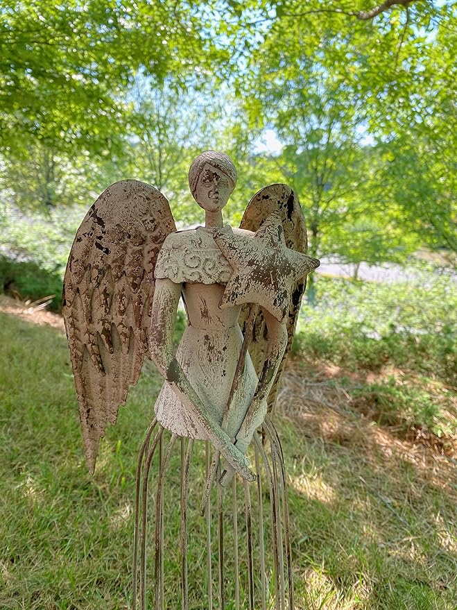 Linfevisi Garden Angel Statue Decor Rustic Metal Angel Sculpture Yard Art Heavenly Home Decor Antiqued Accent Housewarming Garden Gift 26 Inch Tall (Star)