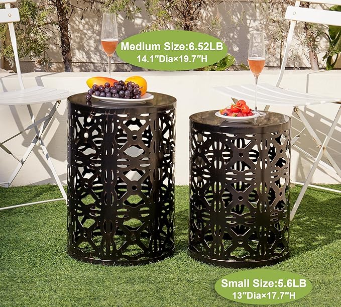 HFHOME Set of 3 Metal Outdoor Side Table, Nesting Round Coffee Table for Indoor Outdoor, Heavy Duty End Tables Plant Stand Living Room Garden Stool - Bronze