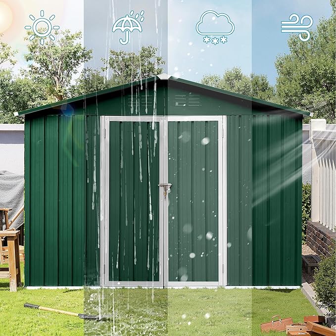 Storage Shed 8ft×6ft Classic Apex Roof Tool Shed Outdoor Storage Metal Garden Storage Sheds Tool Cabinet with Hinged Door Syste for Backyard, Patio, Poolside, Green