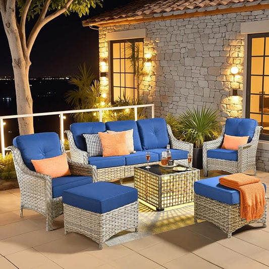 6 Pieces Patio Outdoor Furniture Set,All Weather Wicker Rattan Patio Seating Sofa and Chair Set w/Ottoman and Glowing Coffee Table,Outdoor Conversation Sets for Deck Yard Garden,Navy Blue