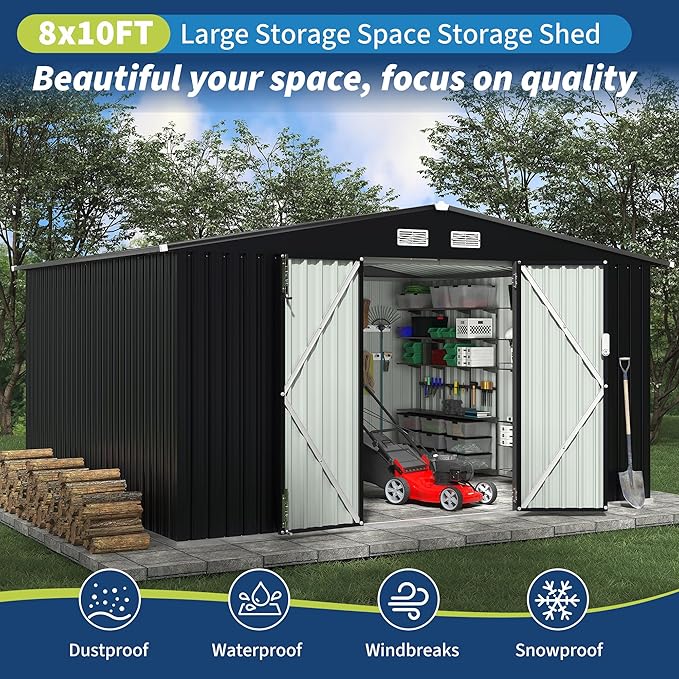 8x10 FT Metal Storage Sheds Outdoor, MetalTool Shed with Lockable Door, MetalYard Sheds Garden Shed Kit, Metal UtilitySheds Buildings with Air Vent for Backyard Garden Patio Lawn