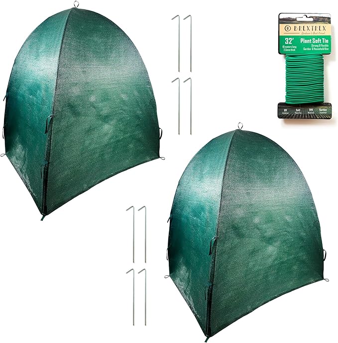 Winter Plant Cover Freeze Protection Tents 2 Pack-Protect Shrubs from Snow, Frost, Animals, Freezing Temperatures - Complete with Soft Garden Ties (36" x 36" x 40", 2 Pack, green with stakes)