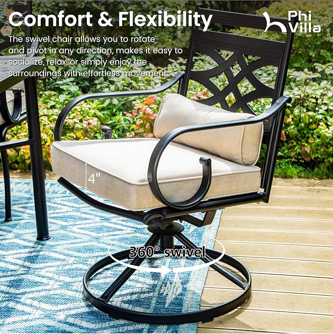 PHI VILLA 5 Pcs Patio Dining Sets,Outdoor Table Chair Set for 4 with Outdoor Swivel Chairs and Metal Frame Steel Square Table,Outdoor Dining Furniture with Cushion and Pillow for Garden Lawn Deck