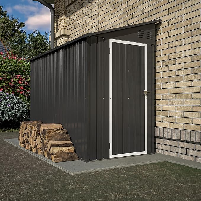 4×8 FT Outdoor Metal Storage Shed,Heavy-Duty Lean to Storage Shed with Floor Base,Garden Tool Metal Storage House W/Lockable Door and 2 Air Vents,Weather Resistant,for Backyard,Patio,Lawn,Black