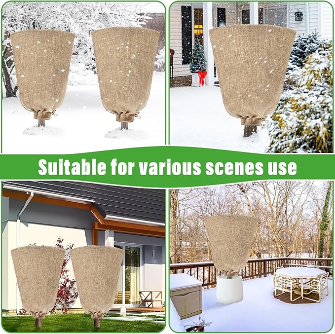 Riare 4 Packs 24 × 40 Inch Burlap Winter Plant Cover Bags with Drawstring- Reusable Large Burlap Sack Plant Frost Protector, Plant Frost Cloth Cold Tree Freeze Blanket for Outdoor Plants Fruit Shrubs
