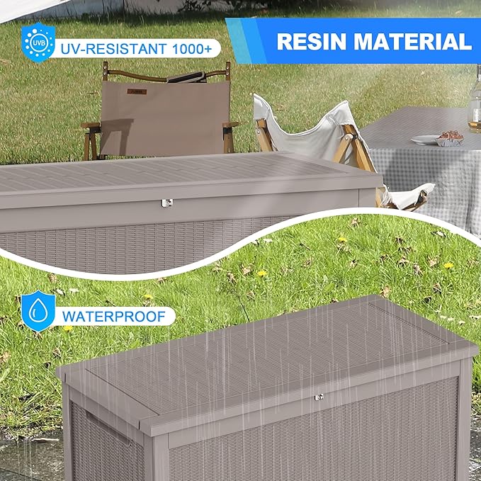 320 Gallon Deck Box, Resin Outdoor Indoor Waterproof Storage Box, Lockable Storage Box With Handle for Patio Furniture - Garden Tools - Swimming Pool Tools UV-Resistant, Brown