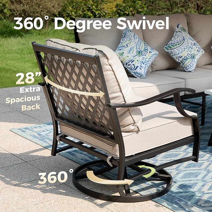 Patio Furniture Set with Firepit Table, 4 Pcs Metal Outdoor Conversation Set, 2 Swivel Chairs and 3 Seater Sofa with 5.75" Extra Thick Cushion and Gas Fire Pit Table for Backyard Deck, Beige