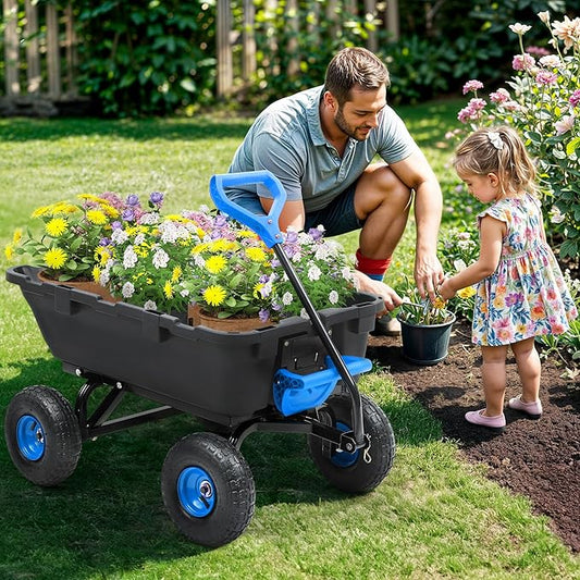 800lb Garden Dump Cart, Heavy Duty Wheelbarrow Dump Wagon with 4 Wheels&Quick-Release Dumping, Utility Wagon Carts for Yard, Farm and Garden(Blue)