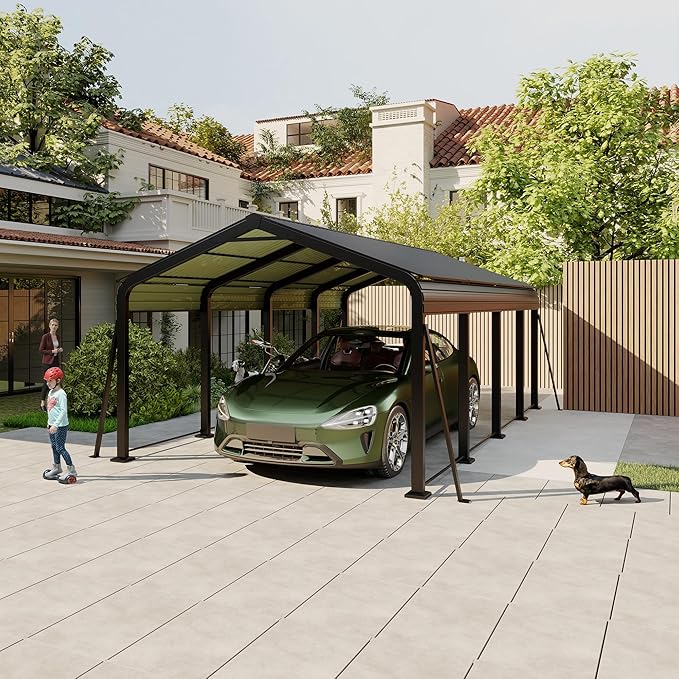 12x20 FT Metal Carport, Heavy Duty Car Port Canopy with Galvanized Steel Roof & Frame, Large Metal Carport Kit, Outdoor Car Garage, Steel Car Shelter for Car, Boat, Truck, Dark Gray
