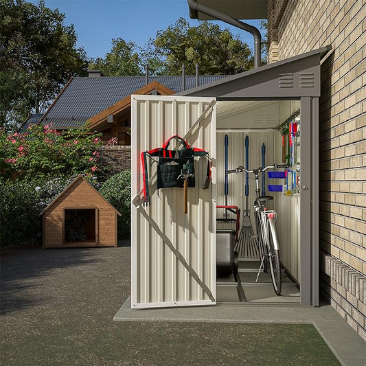 4×8 FT Outdoor Metal Storage Shed,Heavy-Duty Lean to Storage Shed with Floor Base,Garden Tool Metal Storage House W/Lockable Door and 2 Air Vents,Weather Resistant,for Backyard,Patio,Lawn,Gray