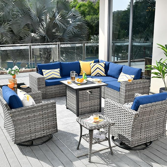 HOOOWOOO 10 Piece Modular Patio Outdoor Sectional Furniture Set with Gas Propane Fire Pit Table,Wicker Conversation Sofa Set with Swivel Chairs,Outside Couch Set(Navy Blue)