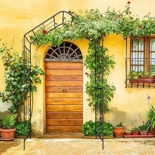 Metal Garden Arch 94.5" H Garden Arbor Trellis Climbing Plants Support Lines Pattern Arch Outdoor Lawn Wedding Party Events Archway Black