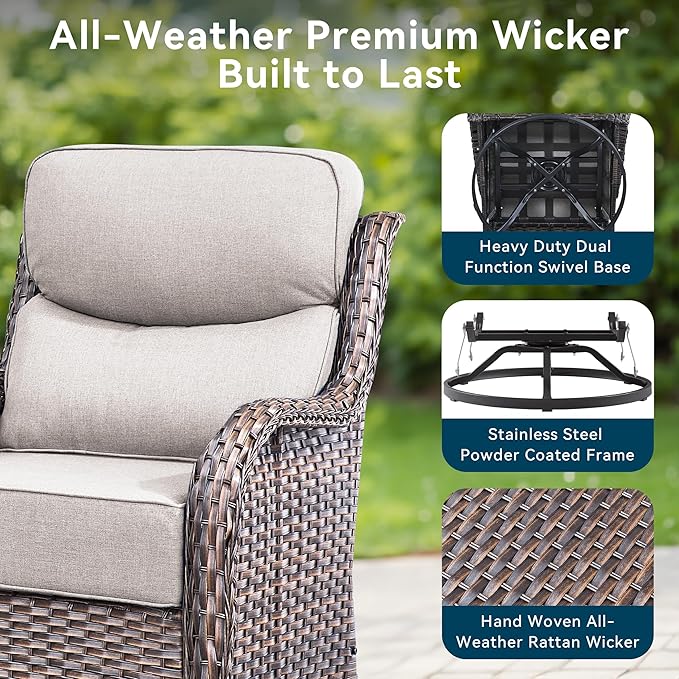 Luxury High Back Outdoor Swivel Rocker Patio Chairs with Side Table & 6-Inch Thick Cushions, 3 Pieces Patio Furniture Set for Porch, Balcony, Deck and Yard