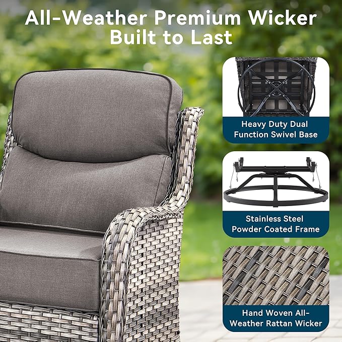 Luxury High Back Outdoor Furniture 6-Inch Thick Cushions with 50,000 BTU Gas Propane Fire Pit Tablet, Patio Furniture Set with Swivel Chairs, for Porch, Balcony, Deck and Yard