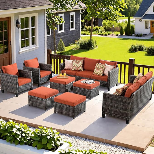 ovios Patio Furniture Set, 8 Pieces Outdoor Wicker Sofa Couch with Chairs, Ottomans and Comfy Cushions, All Weather High Back Rattan Conversation Set, Orange Red