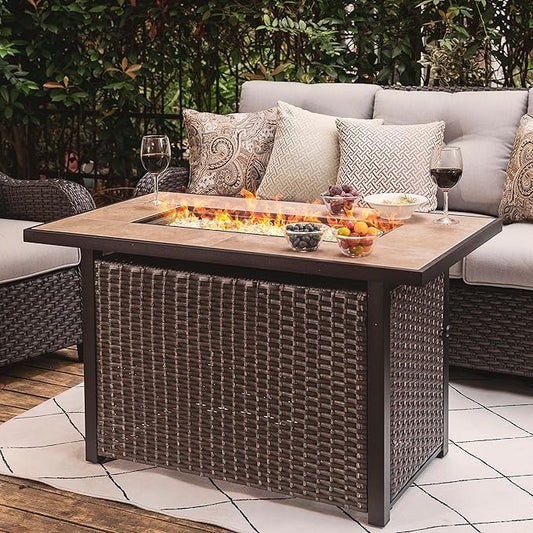 Nuu Garden Propane Fire Pit Table, CSA Certified 43 Inch 50,000 BTU Outdoor Propane Gas Fire Pit Table, Propnae Fire Pit with Ceramic Tabletop, Oxford Cover, 7 lbs Glass Stone, Dark Brown and Coffee
