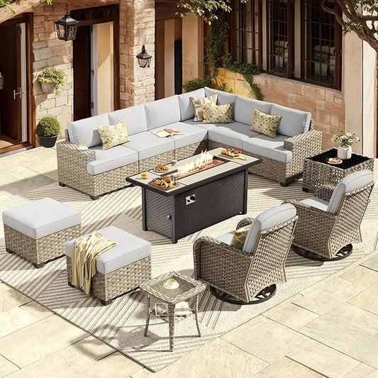 HOOOWOOO Outdoor Sectional Patio Furniture Set with Fire Pit Table,13 Pieces Wicker Conversation Sets L Shaped Couch,Extra Deep Out Door Sofa Outside Furniture with Swivel Chairs Ottomans,Light Gray