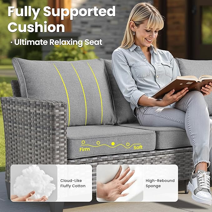 ovios Patio Furniture Set, 8 Pieces Outdoor Wicker Sofa Couch with Chairs, Ottomans and Comfy Cushions, All Weather High Back Rattan Conversation Set, Dark Grey