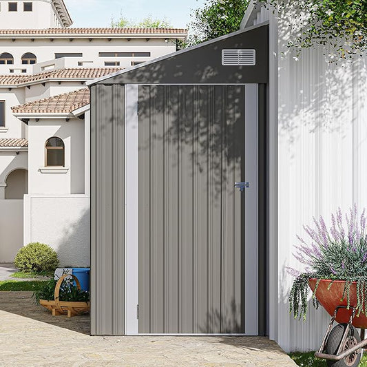 4×8 FT Outdoor Metal Storage Shed,Heavy-Duty Lean to Storage Shed with Lockable Single Side Hinge Door,Waterproof Metal Storage Tool House W/Sloping Roof,Air Vent&Protect Film,for Backyard,Gray