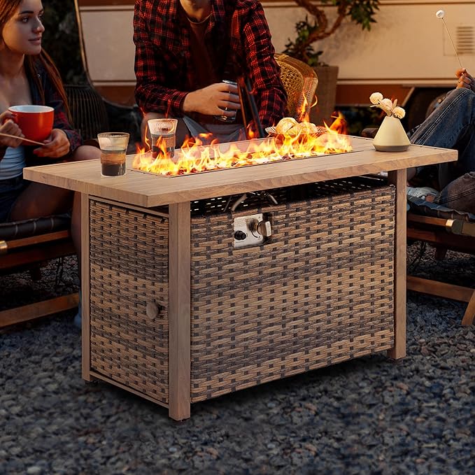 Nuu Garden 43” Propane Fire Pit, CSA-Listed Rattan Outdoor Fire Pit Table, 50,000 BTU Smokeless Gas Fire Table with Lid and Glass Beads, 2-in-1 Rectangular Fire Table for Outside Backyard Patio, Brown