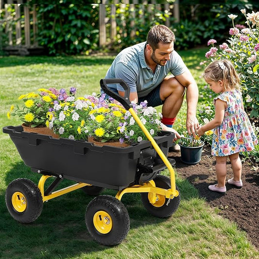 800lb Garden Dump Cart, Heavy Duty Wheelbarrow Dump Wagon with 4 Wheels&Quick-Release Dumping, Utility Wagon Carts for Halloween Pumpkin Hauling Yard, Farm and Garden(Yellow)