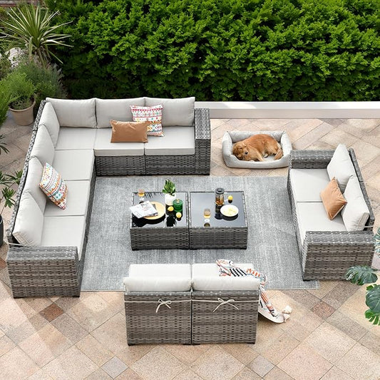 ovios 12 Pieces Patio Furniture Set, Outdoor Wicker Sectional Sofa with Glass Table Comfy Cushions, Modern Modular Deep Seat Couch Rattan Conversation Set, Beige