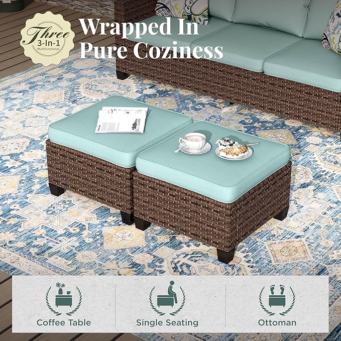 Patio Furniture Set, 8 Pcs Wicker Rattan Outdoor Conversation Set, 4 x Leg Chairs, 1 x 3 Seater Sofa and 2 x Ottoman with 4" Thick Cushion and 32" Fire Pit Table, Blue
