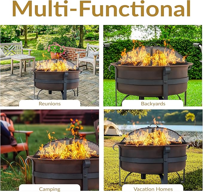 Sunnydaze 29-Inch Wood-Burning Outdoor Fire Pit - Bronze Cauldron Wood Fire Pit for Outside - Includes Poker and Spark Screen