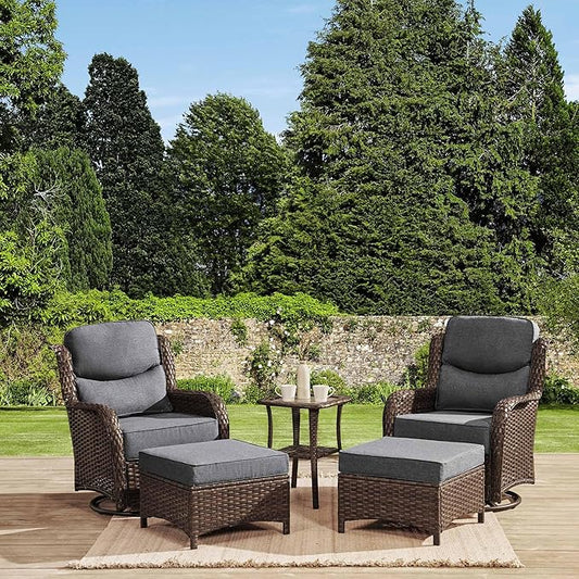 HILLGA Luxury Outdoor Swivel Rocker Patio Chairs of 2 with 6 Inch Thick Cushions and Side Table, Swivel Outdoor Chairs 5PCS High Back Wicker Patio Furniture Set for Porch, Balcony, Deck in Dark Grey