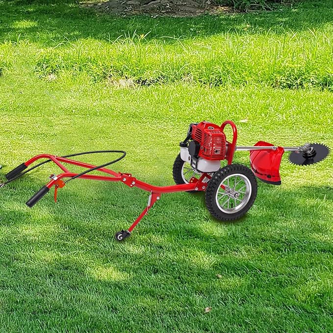 49CC Gas Powered Hand Push Lawn Mower, Walk Behind Weed Trimmer Brush Cutter Push Weed Eater with Wheels, 6500-7000r/Min Weed Wacker String Trimmer for Home Garden Yard