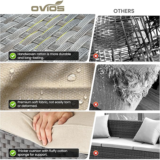 ovios 13 Pieces Patio Furniture Set, Outdoor Wicker Sectional Sofa with 54 Inch Fire Pit Table Comfy Cushions, Modern Modular Deep Seat Rattan Couch Conversation Set, Beige