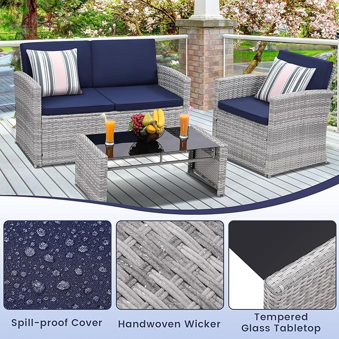 4 Pieces Patio Conversation Set, Outside Rattan Sectional Sofa, Cushioned Furniture Set, Wicker Sofa Ideal for Garden, Porch, Backyard, Grey Color Rattan and Blue Cushion