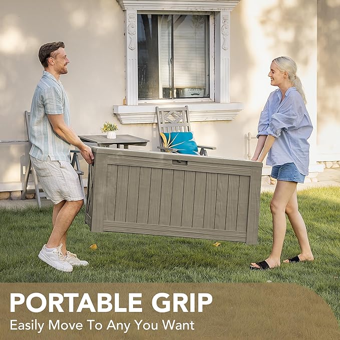 Devoko 120 Gallon Deck Box Resin Outdoor Storage Box Waterproof for Patio, Large Outdoor Storage Bench Lockable for Outside (Brown)