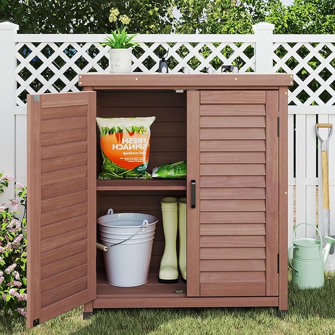Outdoor Storage Cabinet & Potting Bench Table with Metal Top (Dark Brown, 36x31x17in)