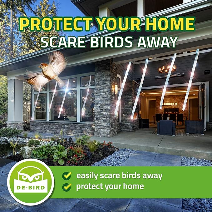 De-Bird Bird Tape Repellent & Reflective Scare Tape - 350 Ft Roll, Multicolor Dual-Sided - Garden Reflectors to Keep Birds Away - Pigeon & Goose Control