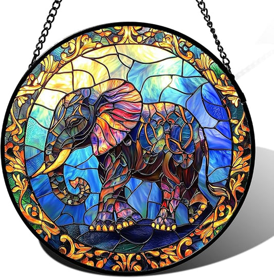 Stained Glass Window Hanging - Blue Elephant Suncatcher for Door Terrace Garden Home Decor, Yellow Retro Sun Catcher Birthday Gifts for Lovers Women Men Dad Mom Nana 11.8 in