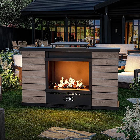 Outdoor Propane Fireplace, 50,000 BTU Gas Fire Pit with Ceramic Logs, Rain Cover, 63 Inch Steel Metal Smokeless Fireplace for Patio, Deck, CSA Certified (63 x 41 Inch)