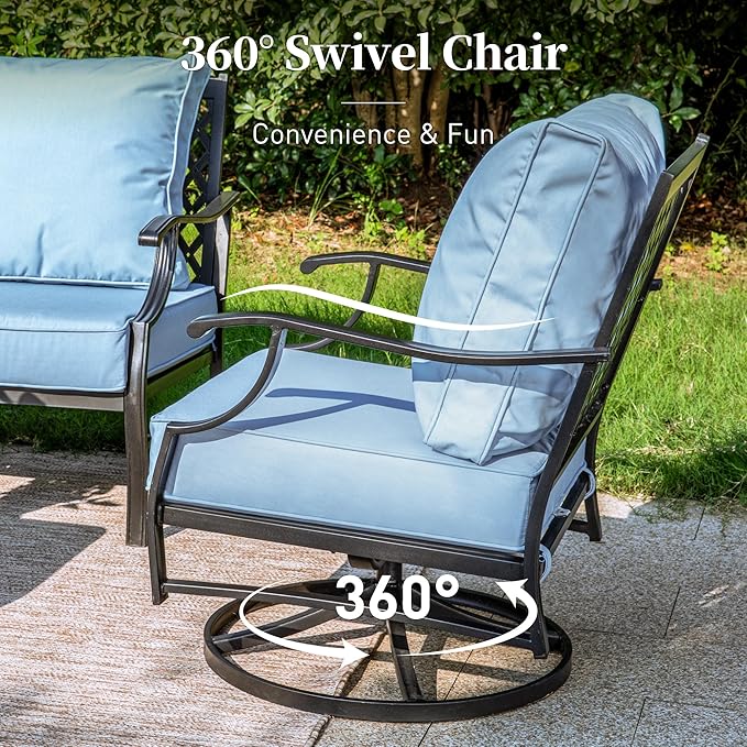 5 Piece Metal Outdoor Patio Furniture Set with Fire Pit Table, Patio Conversation Sets 4 Swivel Chairs with 5.75" Thick Cushion and 5000 BTU Fire Pit Table, Backyard Furniture, Blue