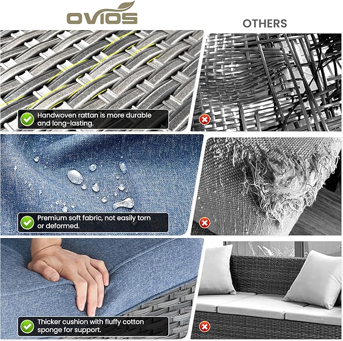 ovios 8 Pieces Patio Furniture Set, Outdoor Wicker Sofa Couch with Swivel Chairs 42" Fire Pit Table, All Weather High Back Modern Conversation Sets, Grey Rattan, Denim Blue